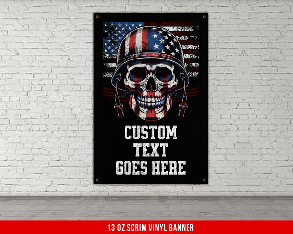 a picture of a skull wearing a helmet with the words custom text goes here