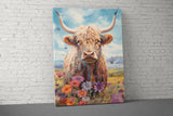 Highland Cow Wall Art Print, Hairy Coo Canvas Decor, Farm Animal Painting, Floral Field Landscape, Rustic Home Decor Gift, Mountain View