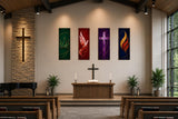 a serene and peaceful church interior, featuring a wooden altar with a cross at the center, flanked by four vibrant paintings on the walls. The altar is surrounded by rows of pews, and the church is adorned with potted plants and a piano, creating a harmonious and tranquil atmosphere.