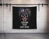 a black wall hanging with a skull wearing a helmet