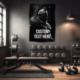 The image is a promotional graphic for a fabric product, specifically a 9 oz polyester fabric. It features a close-up view of the fabric, highlighting its properties such as dye sublimation, scratch resistance, wrinkles being free, and being washable.