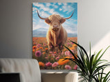 Highland Cow Art Print, Scottish Coo in Wildflower Meadow, Rustic Farmhouse Wall Decor, Mountain Landscape Canvas, Nature Lover