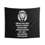 Embrace Challenges | Custom Gym Tapestry | Home Gym Flag Decor | Large Quote Wall Art | Motivational Inspirational | Banner | Lion