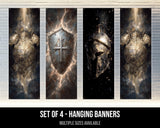 four banners hanging on a wall, each depicting a different type of armor or weapon, including a shield, a helmet, and a sword.