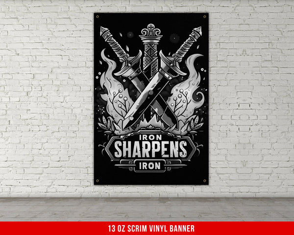 a white brick wall with a black and white poster on it