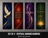 a set of four vertical hanging banners, each with a different design and religious symbol. The banners include a dove, a cross, a sun, and a mountain. The banners are arranged in a row, and the text below the image indicates that multiple sizes are available.