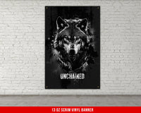 a black and white picture of a wolf with the words unchained on it