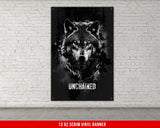 a black and white picture of a wolf with the words unchained on it