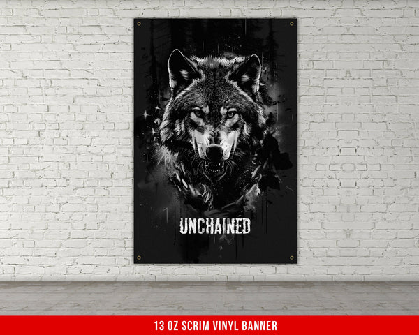 a black and white picture of a wolf with the words unchained on it