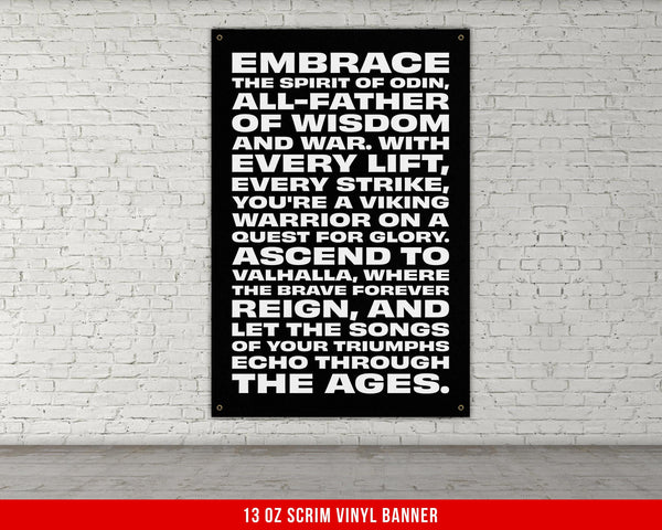 a black and white poster on a white brick wall