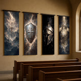 four large paintings hanging on a wall, depicting various scenes and symbols, including a shield, a sword, a helmet, and a globe.