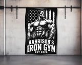 Harrison's Iron Gym flag with muscular man and US flag design.