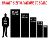 a series of banner sizes, ranging from 84 to 36 feet long, with corresponding heights.