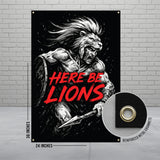 Here Be Lions Banner, Wall Hanging Artwork, Unique Home Decor, Man Cave Decoration, Inspirational Poster, Gift for Him, 24x36 Decor