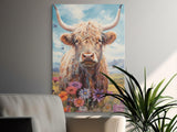 Highland Cow Art Print, Floral Cow Wall Decor, Watercolor Farmhouse Animal, Whimsical Cattle Poster, Rustic Countryside Bull Painting