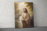 Jesus Christ Portrait, Serene River Landscape Art, Christian Religious Wall Decor, Divine Savior Print, Inspirational Home Gift