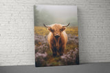 Highland Cow Wall Art Print, Hairy Coo in Misty Heather Field, Rustic Farm Animal Decor, Scottish Cattle Landscape Canvas, Nature Lover