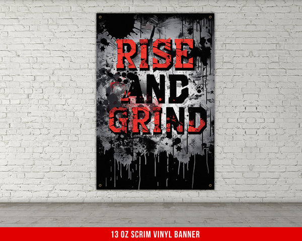 a painting on a brick wall that says rise and grind