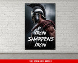 a poster of a spartan with the words iron sharpens iron