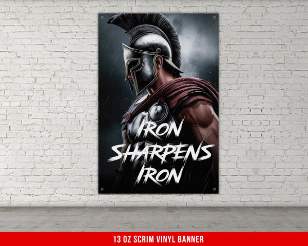 a poster of a spartan with the words iron sharpens iron
