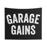 Garage Gains Wall Tapestry - Gym Decor - Large Motivational Fitness - Weightlifting Art