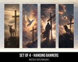 four hanging banners, each depicting a different scene related to the crucifixion of Jesus Christ.
