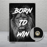 Born to Win Lion Poster, Inspirational Wall Art, Motivational Lion Print, Office Decor, Large Animal Poster, Black and White Print