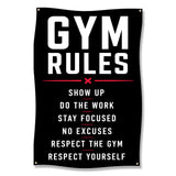 Black banner with "GYM RULES" and five motivational phrases.