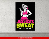 Woman blowing bubblegum in pink workout outfit, Jessica's Sweat Room banner.
