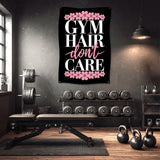 Gym hair don't care banner with dumbbells and weight rack.
