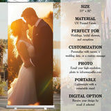 The image is a wedding photo featuring a bride and groom embracing in front of a sunset.