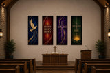a church interior with a wooden altar, pews, and a cross. Above the altar, there are four posters with religious imagery and text, including a dove, a cross, a rainbow, and the words "HOLY HOLY" and "WORSEN".