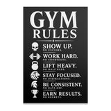 Gym rules poster with motivational text and icons: skull, barbell, lion, trophy.