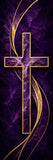 a large, golden cross against a dark purple background with wavy lines and swirls.