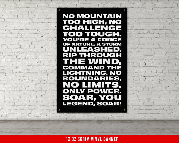 No Mountain Too High Banner - Home Gym Decor - Large Quotes Wall Art - Weightlifting - Motivational Sports Inspiration - V1