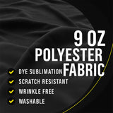 The image is a promotional graphic for a fabric product, specifically a 9 oz polyester fabric. It features a close-up view of the fabric, highlighting its properties such as dye sublimation, scratch resistance, wrinkles being free, and being washable.