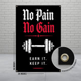 Black banner with "No Pain No Gain" and barbell graphic.