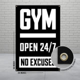 GYM Open 24/7 No Excuses Banner, Gym Motivation Poster, Workout Room Wall Decor, Fitness Center Sign, Home Gym Decoration