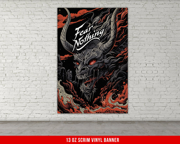 a red brick wall with a poster of a demon on it