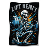 Skeleton lifting a barbell with text "LIFT HEAVY" above.