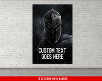 a poster hanging on a brick wall with the text custom text goes here