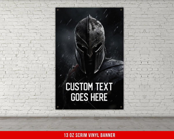 a poster hanging on a brick wall with the text custom text goes here