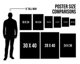 a man standing next to a poster size comparison