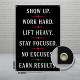 Black banner with motivational fitness phrases, 36x24 inches, metal grommets.