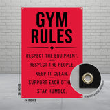 Gym rules sign with list of rules and reinforced metal grommets.