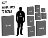 a person standing next to various sizes of gray boxes, representing different scale variations.