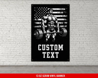 a poster of a man lifting a barbell in front of a brick wall