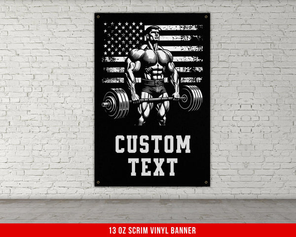 a poster of a man lifting a barbell in front of a brick wall