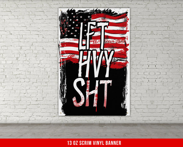 a red white and blue painting on a white brick wall