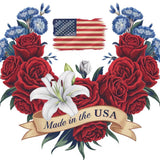 a wreath of red roses, white lilies, and blue flowers, with a banner that reads "Made in the USA".